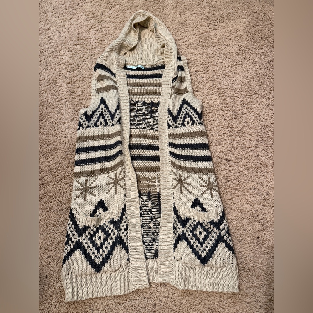 Maurices Cream and Black Hooded Knit Cardigan Vest